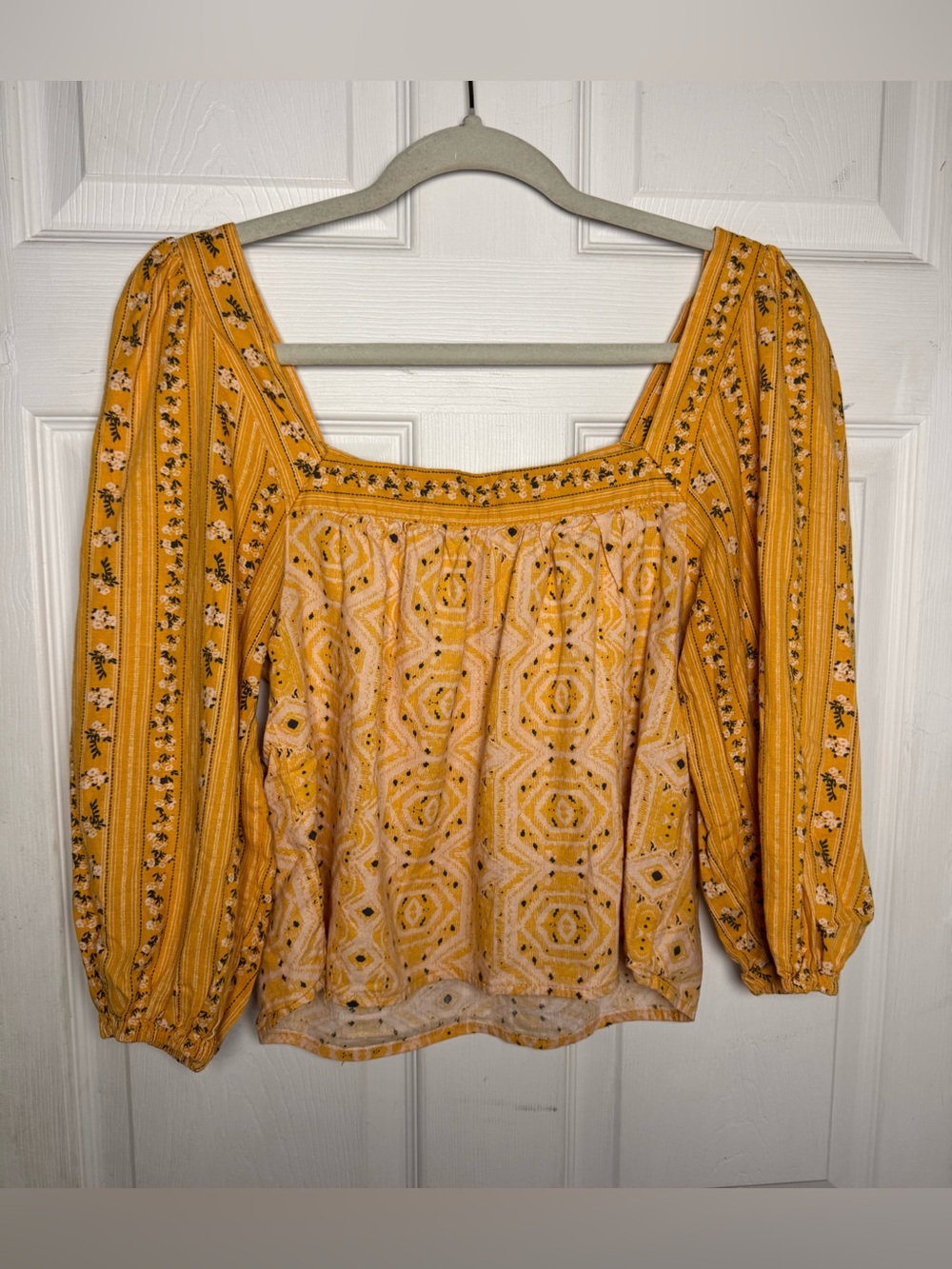 C&C California Linen Blend Floral Square Neck Boho Blouse Women’s Small Feminine